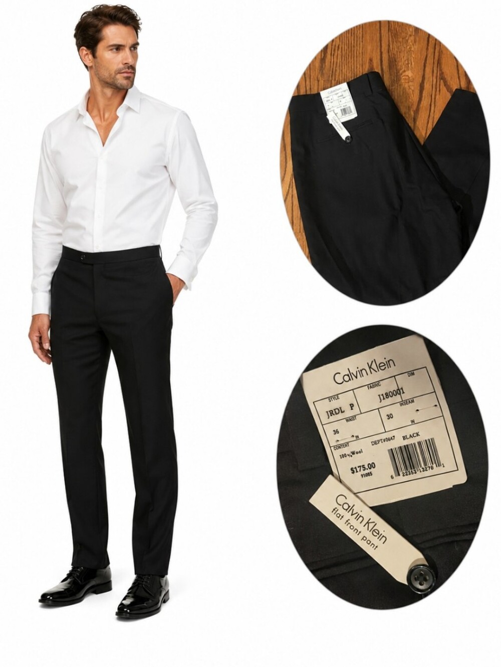 Calvin Klein flat front black wool trousers Career Classic pants NWT W36 L30